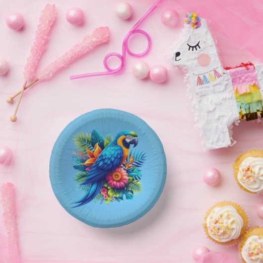 Farbenfrohe, blaue tropische Maca Pappteller (Party)