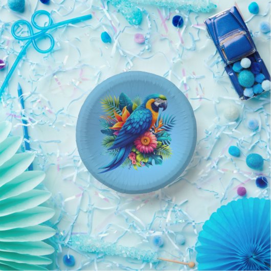 Farbenfrohe, blaue tropische Maca Pappteller (Party)