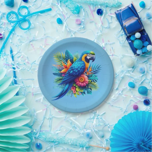 Farbenfrohe, blaue tropische Maca Pappteller (Party)