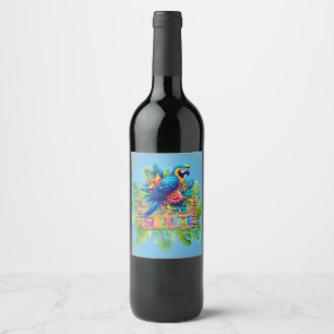 Farbenfrohe, blaue tropische Maca Weinetikett