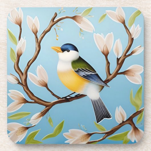 Farbenfrohe Blaue Vögel auf einer blühenden Branch Getränkeuntersetzer (Vorderseite)