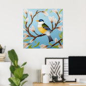 Farbenfrohe Blaue Vögel auf einer blühenden Branch Poster (Heimbüro)