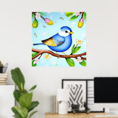 Farbenfrohe Blaue Vögel auf einer blühenden Branch Poster (Heimbüro)