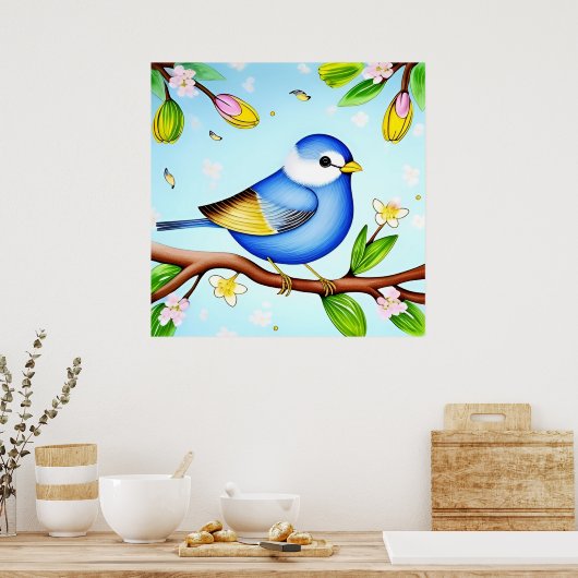 Farbenfrohe Blaue Vögel auf einer blühenden Branch Poster (Küche)