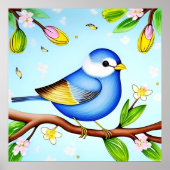 Farbenfrohe Blaue Vögel auf einer blühenden Branch Poster (Vorne)