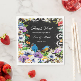 Farbenfrohe blaue Vögel und botanisches Blumenpapi Serviette