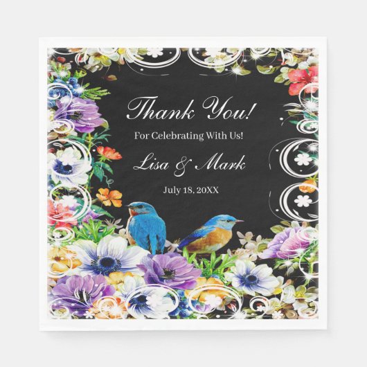 Farbenfrohe blaue Vögel und botanisches Blumenpapi Serviette (Vorderseite)