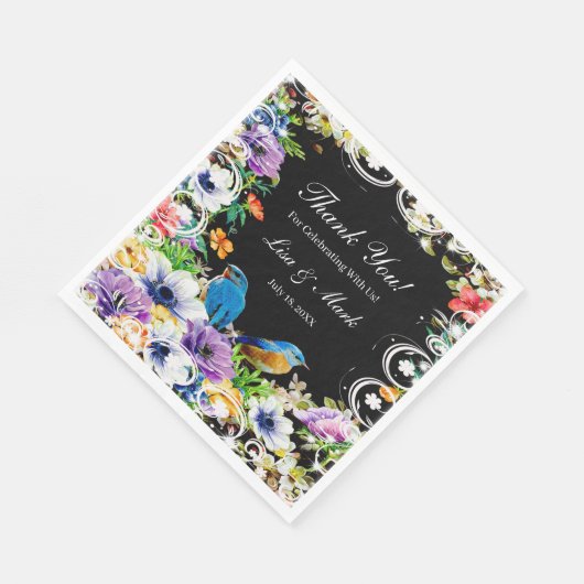 Farbenfrohe blaue Vögel und botanisches Blumenpapi Serviette (Ecke)