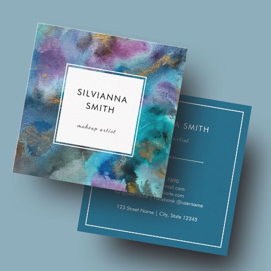Farbenfrohe blaugrüne Aquamarine Wasserfarbe Abstr Quadratische Visitenkarte