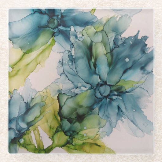Farbenfrohe blaugrüne Blüte Abstrakte Kunst Glasuntersetzer (Vorderseite)