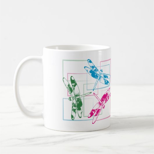 Farbenfrohe blaugrüne Rosa Libellen Tasse Kaffee (Links)
