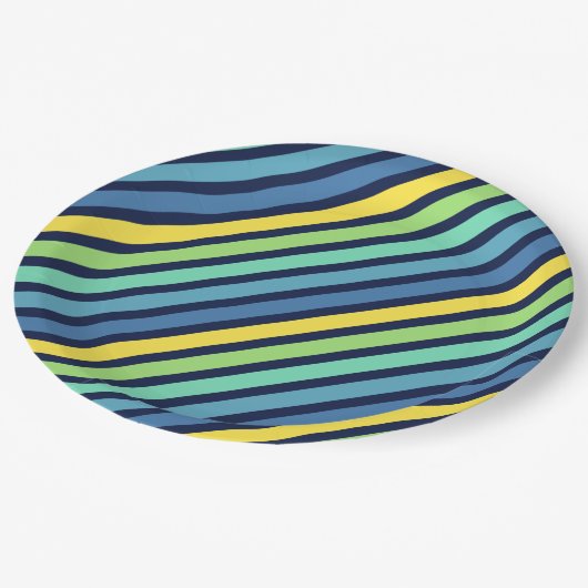 Farbenfrohe blaugrüne Streifen Muster Pappteller (Schrägansicht)