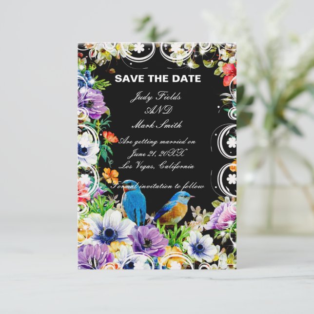 Farbenfrohe Blauvögel und botanische Save the Date (Stehend Vorderseite)
