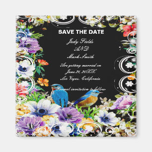 Farbenfrohe Blauvögel und botanische Save the Date Magnet