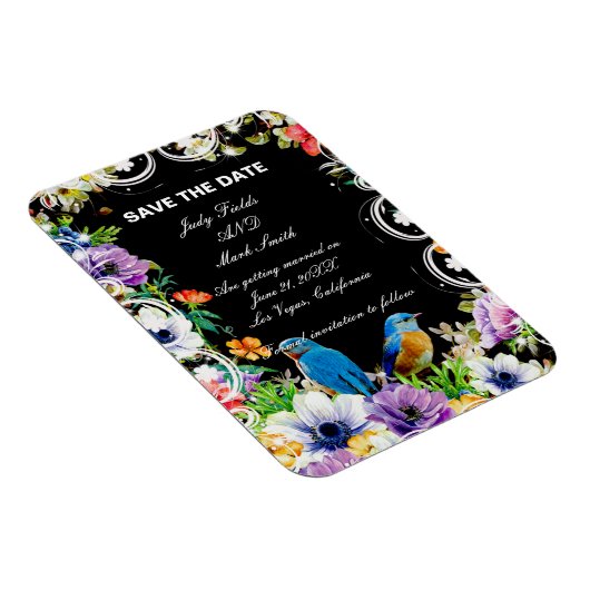 Farbenfrohe Blauvögel und botanische Save the Date Magnet (Rechte Seite)
