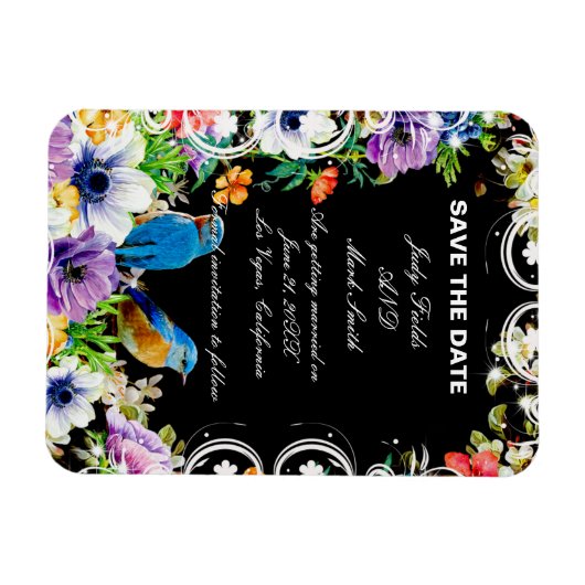 Farbenfrohe Blauvögel und botanische Save the Date Magnet (Horizontal)