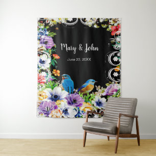 Farbenfrohe Blauvögel und botanisches Foto Wandteppich