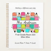 Farbenfrohe Bleistift-Lehrerin Name Klasse Planer (Vorderseite)