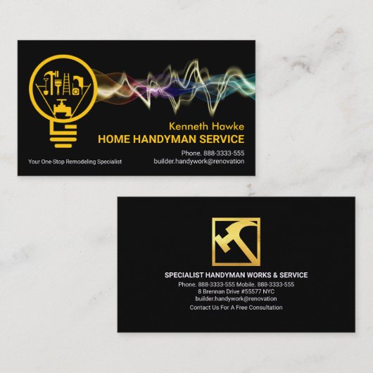 Farbenfrohe Blitze Powering Handyman Bulb Visitenkarte (Vorne/Hinten)