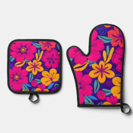 Farbenfrohe Blooms-Dopamin-Stil-Retro-Blume Ofenhandschuh & Topflappen-Set