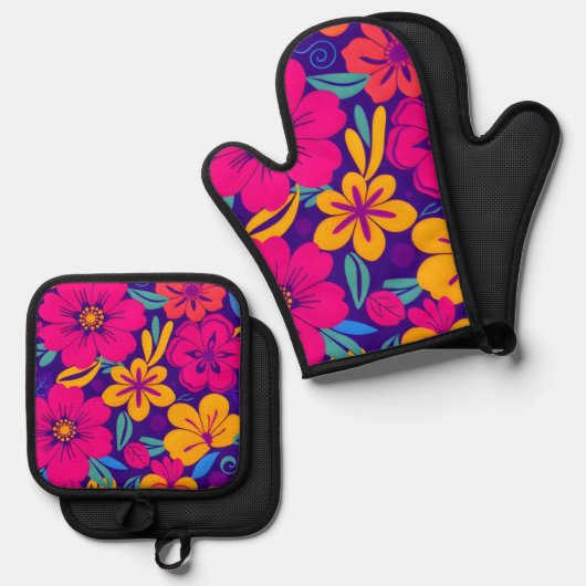 Farbenfrohe Blooms-Dopamin-Stil-Retro-Blume Ofenhandschuh & Topflappen-Set (Vorderseite/Rückseite)