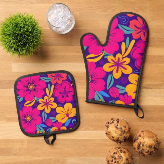 Farbenfrohe Blooms-Dopamin-Stil-Retro-Blume Ofenhandschuh & Topflappen-Set (Oben Unten)