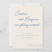Farbenfrohe Blue Ecru Script Handwriting Wedding Save The Date (Vorderseite)
