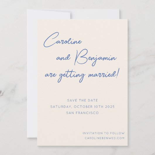 Farbenfrohe Blue Ecru Script Handwriting Wedding Save The Date (Vorderseite)