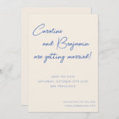 Farbenfrohe Blue Ecru Script Handwriting Wedding Save The Date (Vorne/Hinten)
