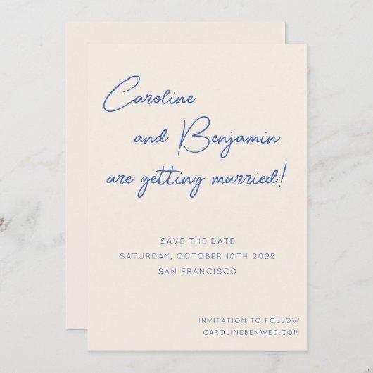 Farbenfrohe Blue Ecru Script Handwriting Wedding Save The Date (Vorne/Hinten)
