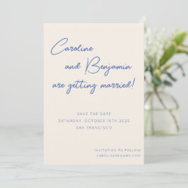 Farbenfrohe Blue Ecru Script Handwriting Wedding Save The Date