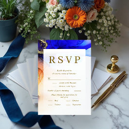Farbenfrohe Blue Orange Gold Wedding RSVP Card