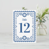 Farbenfrohe Blue Papel Picado Wedding Tischnummer (Stehend Vorderseite)