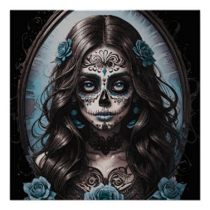 Farbenfrohe Blue Sugar Skull Lady in Rosa gemacht. Poster