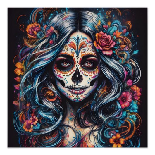 Farbenfrohe Blue Sugar Skull Lady Poster (Vorderseite)