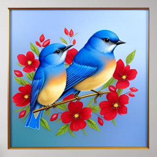 Farbenfrohe Bluebirds unter den roten Blume Poster