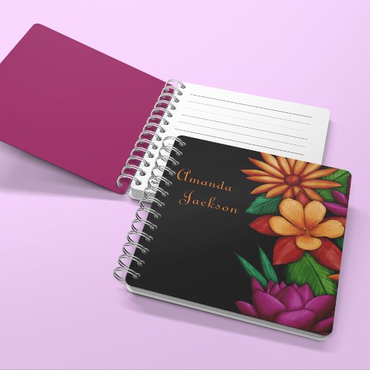 Farbenfrohe blühende Blume Typografie Notizblock