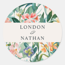 Farbenfrohe blühende Blumenhochzeit Runder Aufkleber