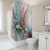 Farbenfrohe Blume auf blaubeige weiße Lavendel Duschvorhang (Beispiel)