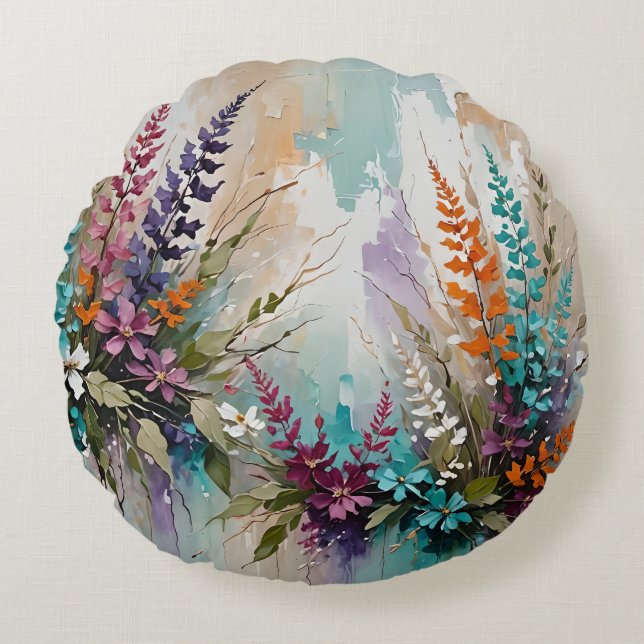 Farbenfrohe Blume auf blaubeige weiße Lavendel Rundes Kissen (Vorderseite)