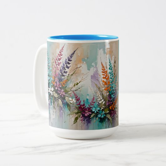 Farbenfrohe Blume auf blaubeige weiße Lavendel Zweifarbige Tasse (Vorderseite Links)