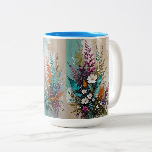 Farbenfrohe Blume auf blaubeige weiße Lavendel Zweifarbige Tasse (VorderseiteRechts)