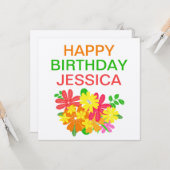 Farbenfrohe Blume Blätter Happy Birthday Name Karte (Vorderseite/Rückseite Beispiel)
