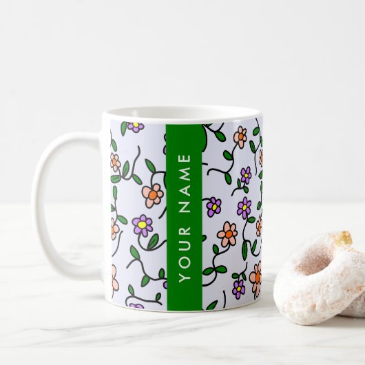 Farbenfrohe Blume, blauer Hintergrund, grün Kaffeetasse (Mit Donut)