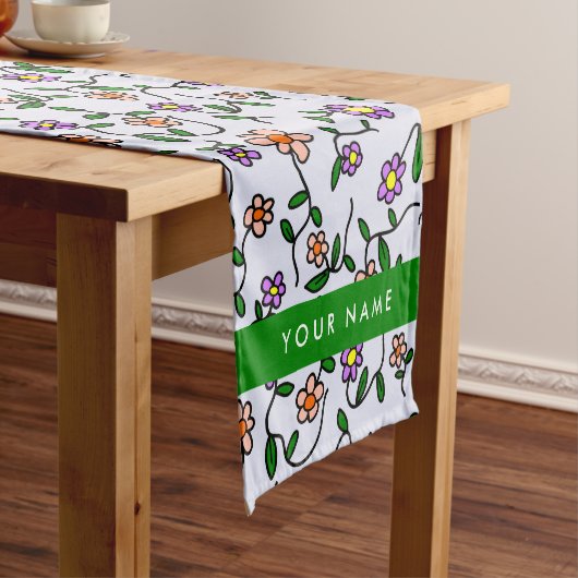 Farbenfrohe Blume, blauer Hintergrund, grün Kurzer Tischläufer (Beispiel)