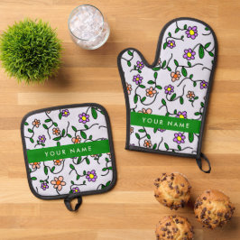 Farbenfrohe Blume, blauer Hintergrund, grün Ofenhandschuh & Topflappen-Set