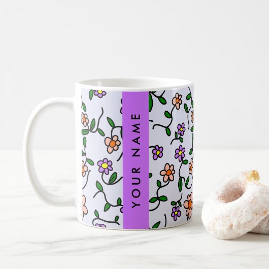 Farbenfrohe Blume, blauer Hintergrund, Lila Kaffeetasse (Mit Donut)