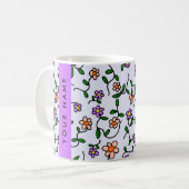 Farbenfrohe Blume, blauer Hintergrund, Lila Kaffeetasse (Vorderseite Links)