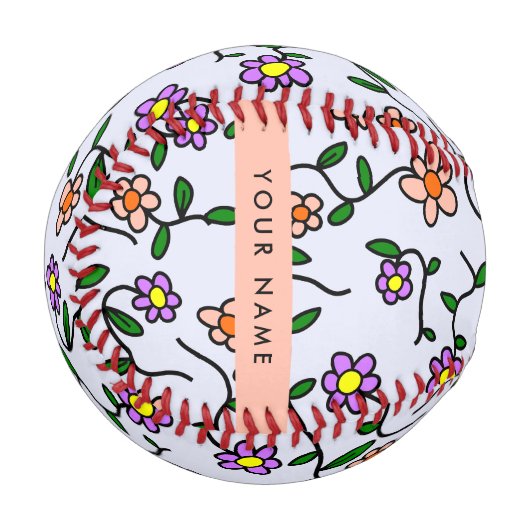 Farbenfrohe Blume, blauer Hintergrund, orange Baseball (Vorderseite Links)