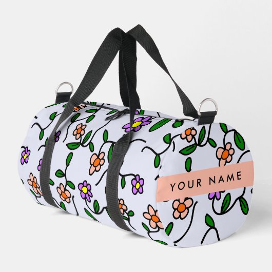Farbenfrohe Blume, blauer Hintergrund, orange Duffle Bag (Linke Seite)